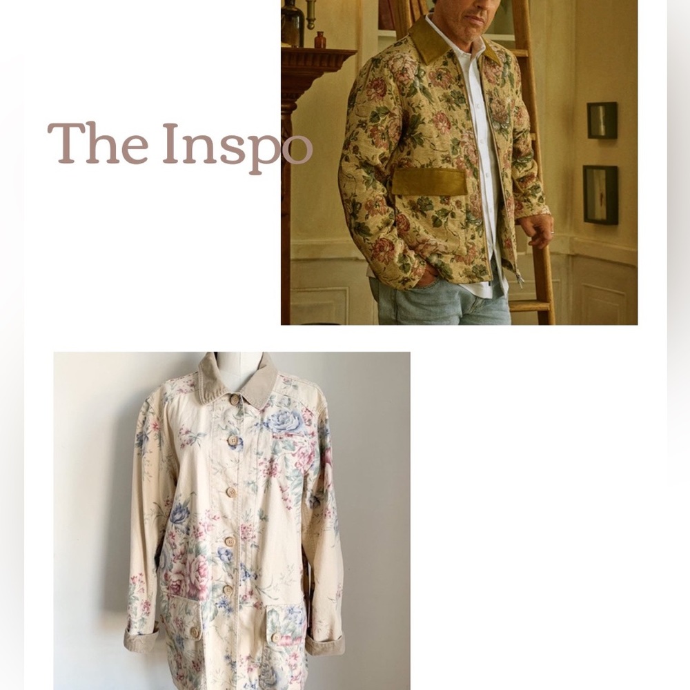 Vintage floral chore style coat with velvet collar